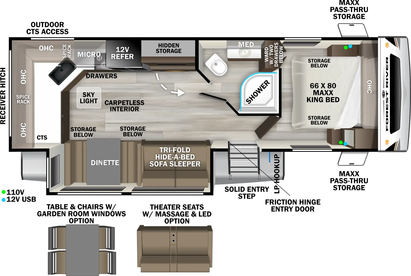 The Wildcat Travel Trailers 267MEX floorplan has one entry and one slide out. Exterior features include: fiberglass exterior and 20' awning. Interiors features include: rear kitchen, free-standing dinette option and front bedroom.